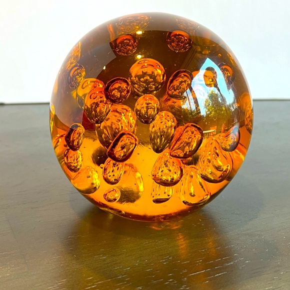 VTG  Murano Amber Art Glass Sphere Ball Paperweight Controlled Bubbles 3Lb - Picture 1 of 5